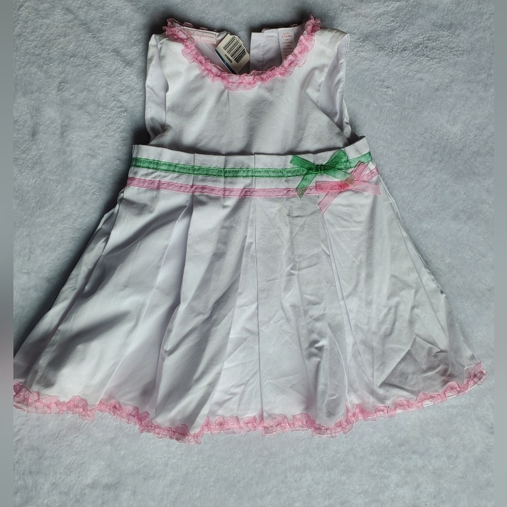 White Girls' Dress with Pink Trim and Green Bow First Impressions Size 24 Months